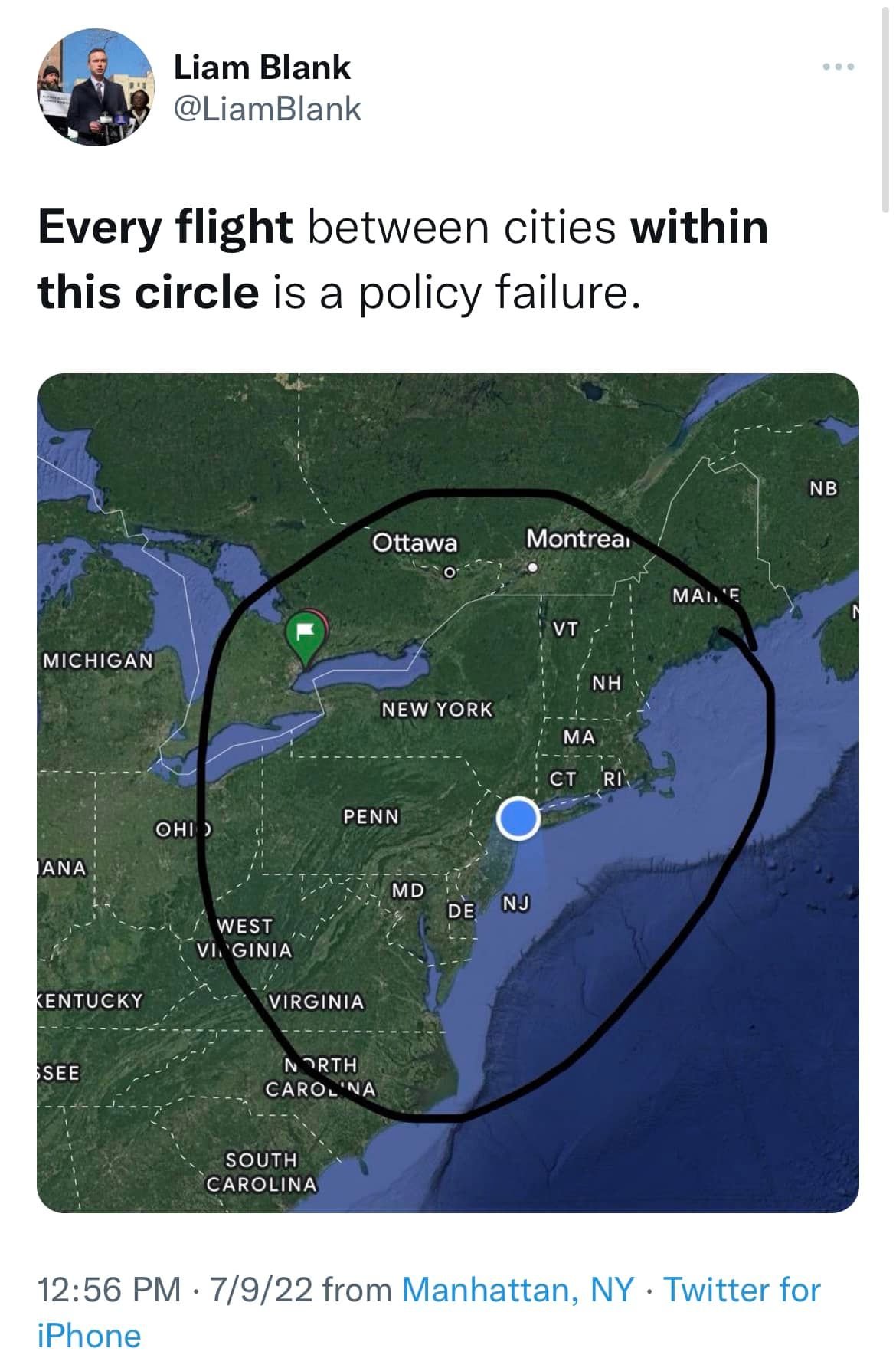 The meme is a humorous commentary on the concept of "policy failure" in the context of air travel. It suggests that every flight between cities within a certain circle (the "circle of policy failure") is a policy failure, implying that the government's policies are so ineffective that even the most basic, simple, and safe activities (such as flying) are affected. The text at the top of the image reads, "Every flight between cities within this circle is a policy failure."